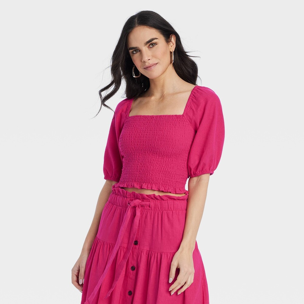 Off Shoulder Crop Puff Elbow Sleeve Blouse - Pink M NWT